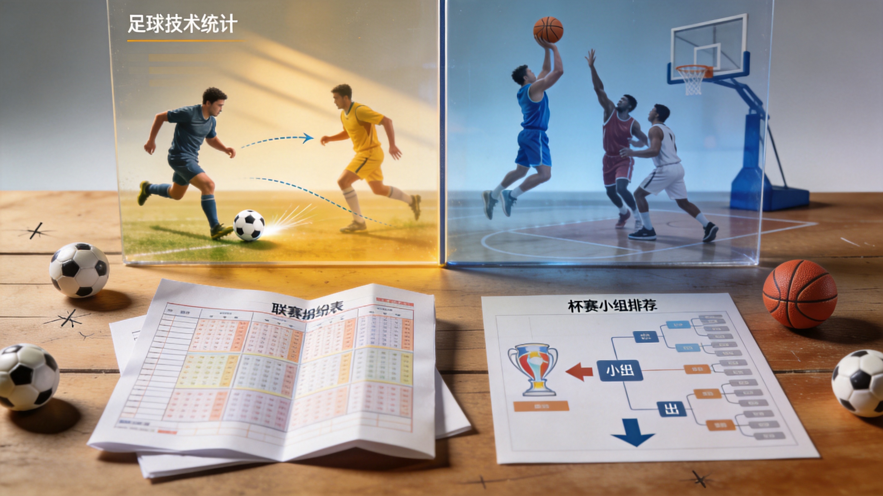 数据维度模块配图，展示足球技术统计与篮球技术统计的字段对比布局
